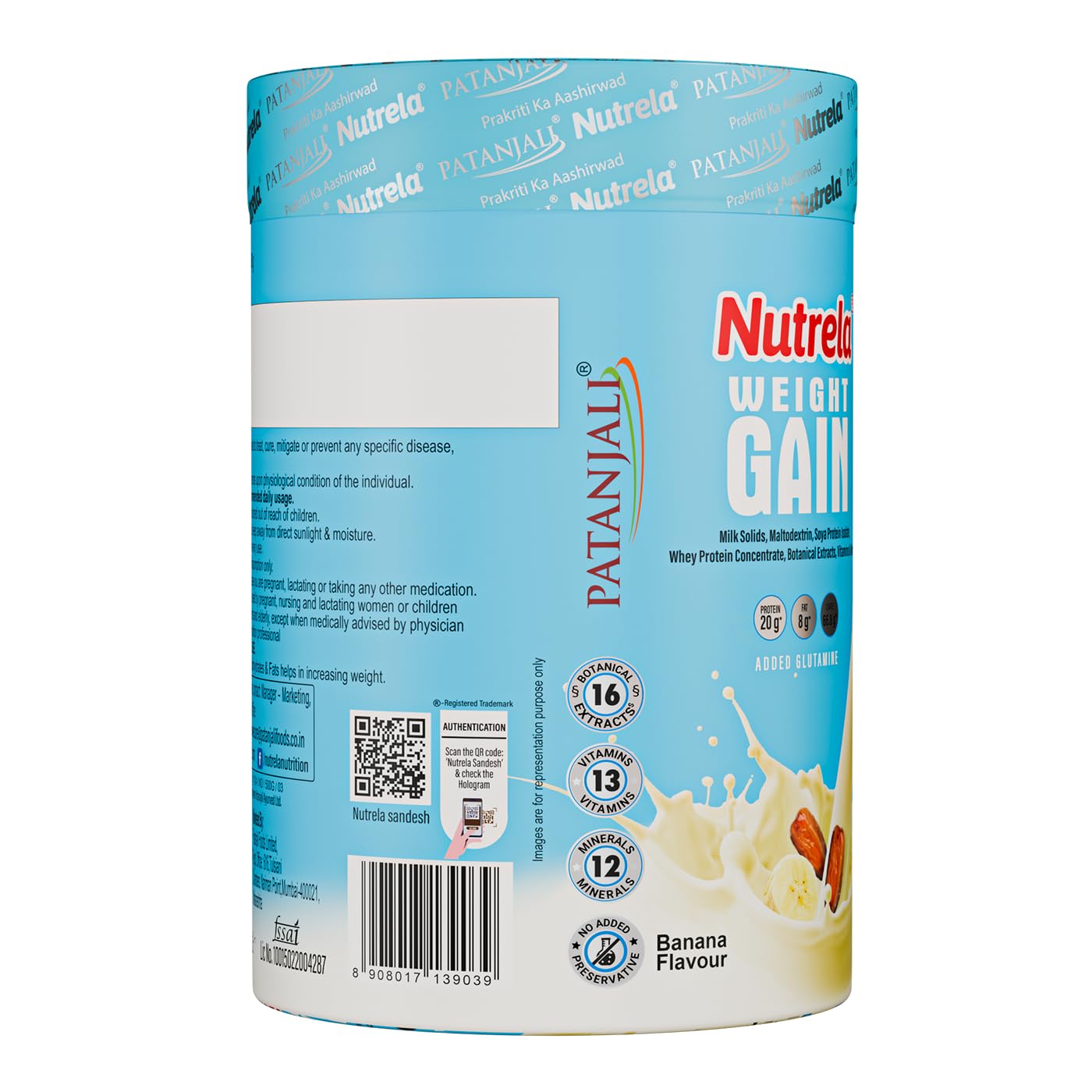 NUTRELA Weight Gainer Banana Flavour 500g, High-Calorie Mass Gainer with Protein, Vitamins & Minerals - label detail