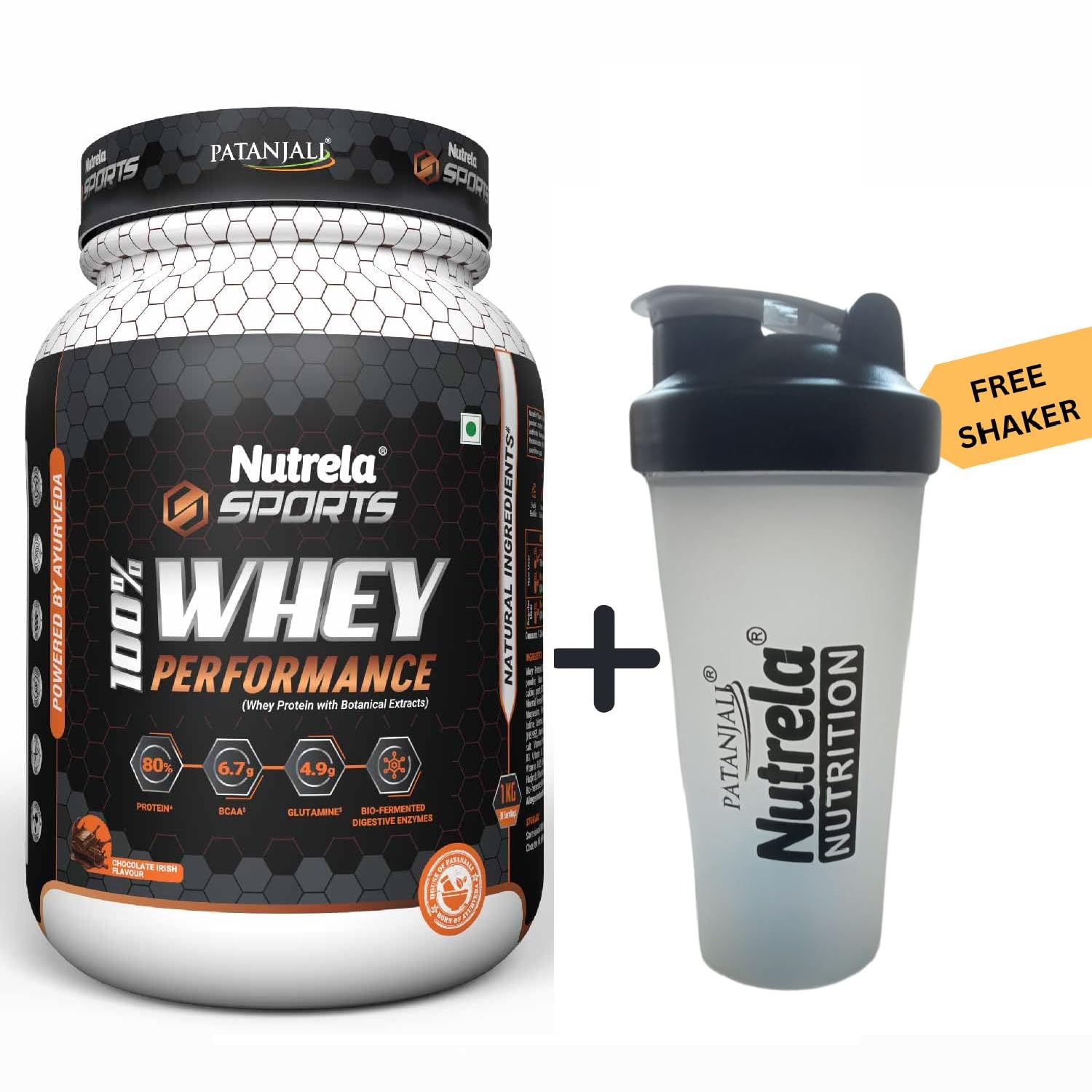 Nutrela Whey Protein Concentrate Powder, 1 kg, Chocolate Flavour, with Free Shaker - front view