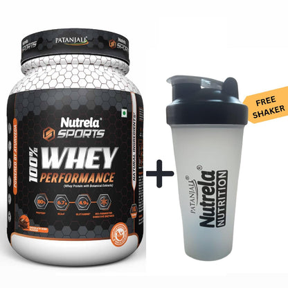 Nutrela Whey Protein Concentrate Powder, 1 kg, Chocolate Flavour, with Free Shaker - front view