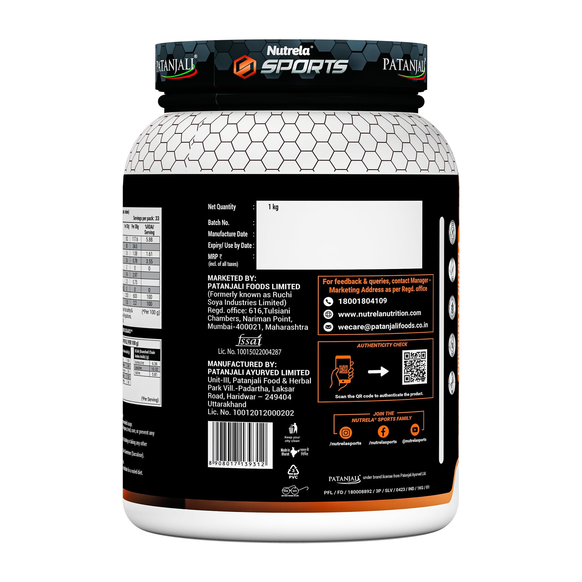 Nutrela Whey Protein Concentrate Powder, 1 kg, Chocolate Flavour, with Free Shaker - label detail