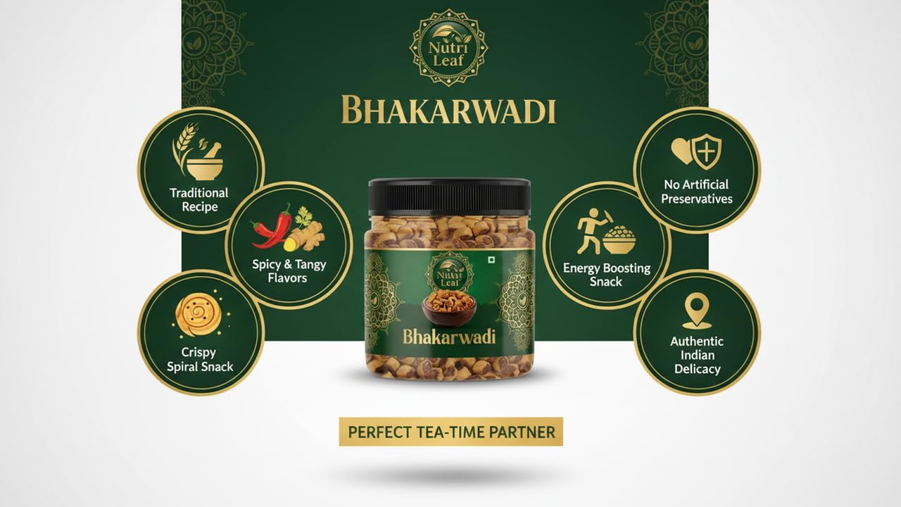 NUTRI LEAF Gujrati Mini Bhakarwadi, Gluten Free Ready to Eat Namkeen Snack, Masala Flavor - packaging