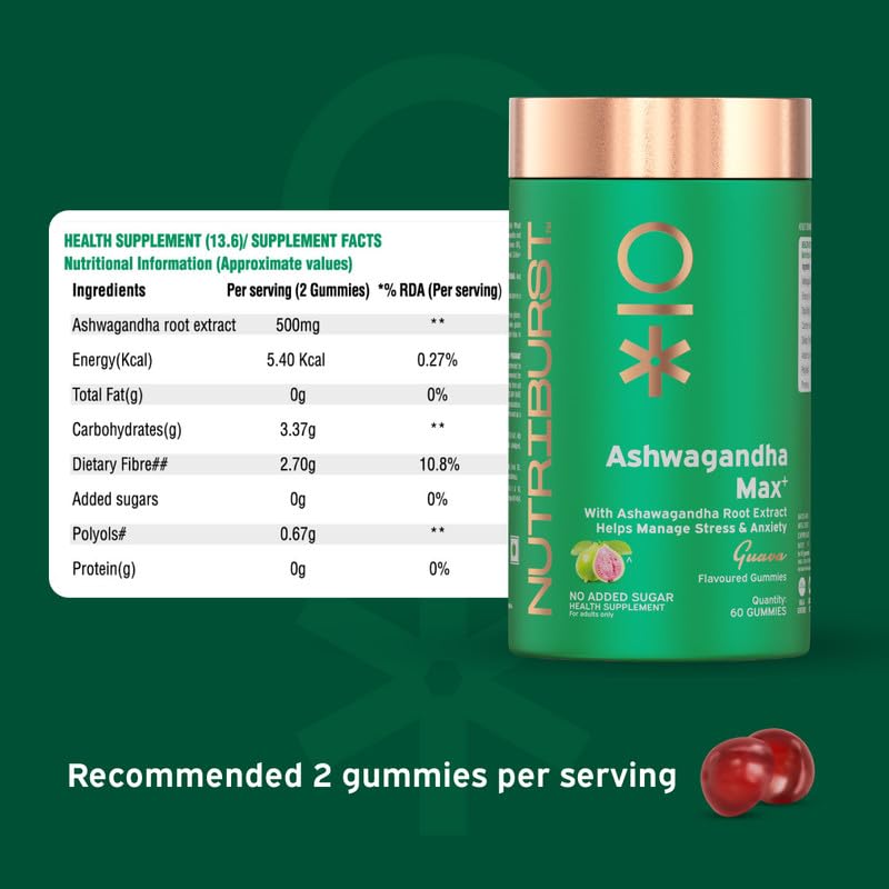 Nutriburst Ashwagandha Max 500mg Gummies for Stress and Anxiety Relief | Vigour, Energy, Power & Stamina | Relax Refresh Mind