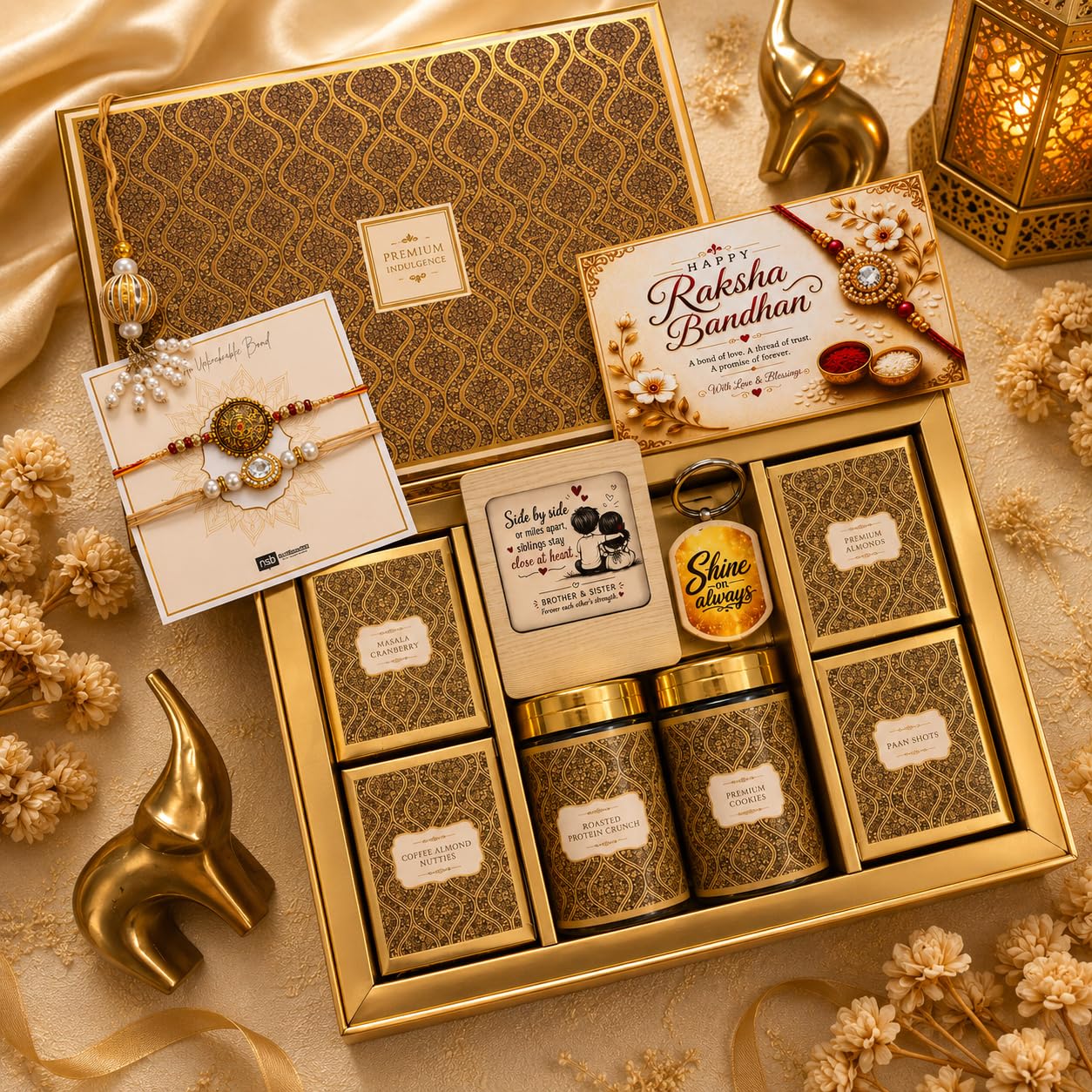NutriSnacksBox Royal Rakhi White Hamper | Dry Fruits, Gourmet Snacks & Festive Gift Set | 2 Decorative Bhaiya Rakhis, Wooden