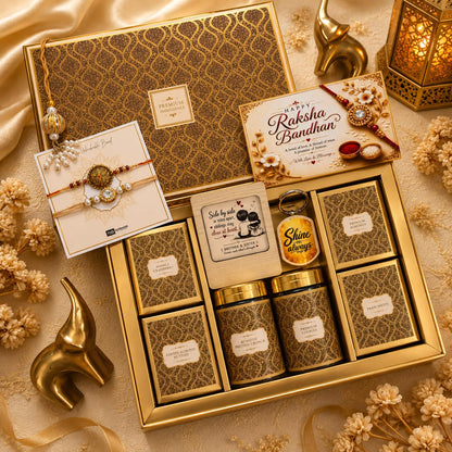 NutriSnacksBox Royal Rakhi White Hamper | Dry Fruits, Gourmet Snacks & Festive Gift Set | 2 Decorative Bhaiya Rakhis, Wooden