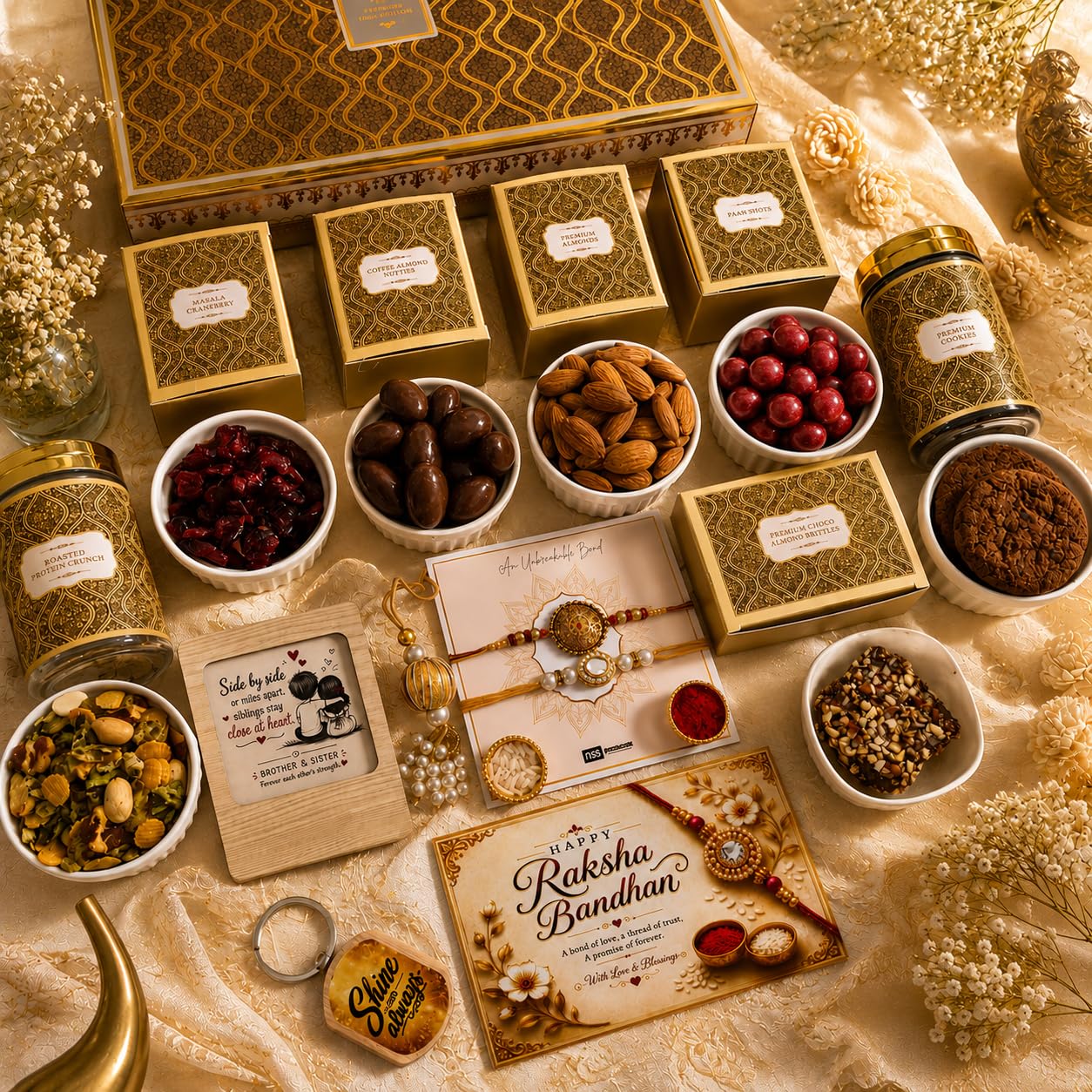 NutriSnacksBox Royal Rakhi White Hamper | Dry Fruits, Gourmet Snacks & Festive Gift Set | 2 Decorative Bhaiya Rakhis, Wooden 