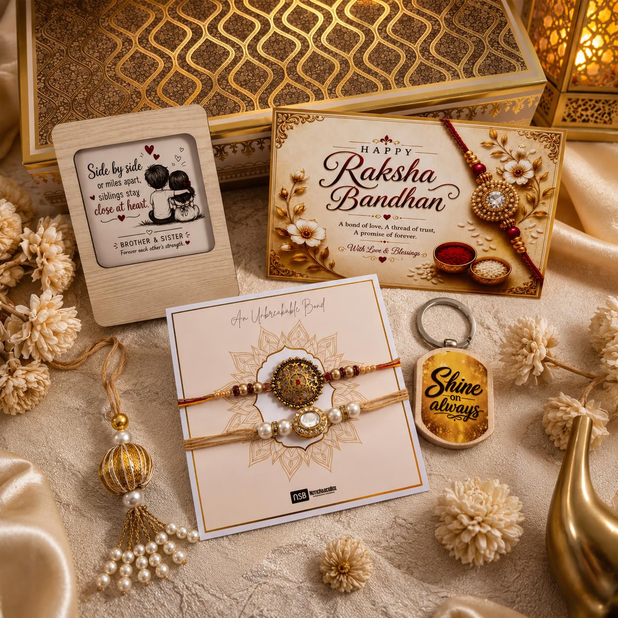 NutriSnacksBox Royal Rakhi White Hamper | Dry Fruits, Gourmet Snacks & Festive Gift Set | 2 Decorative Bhaiya Rakhis, Wooden 