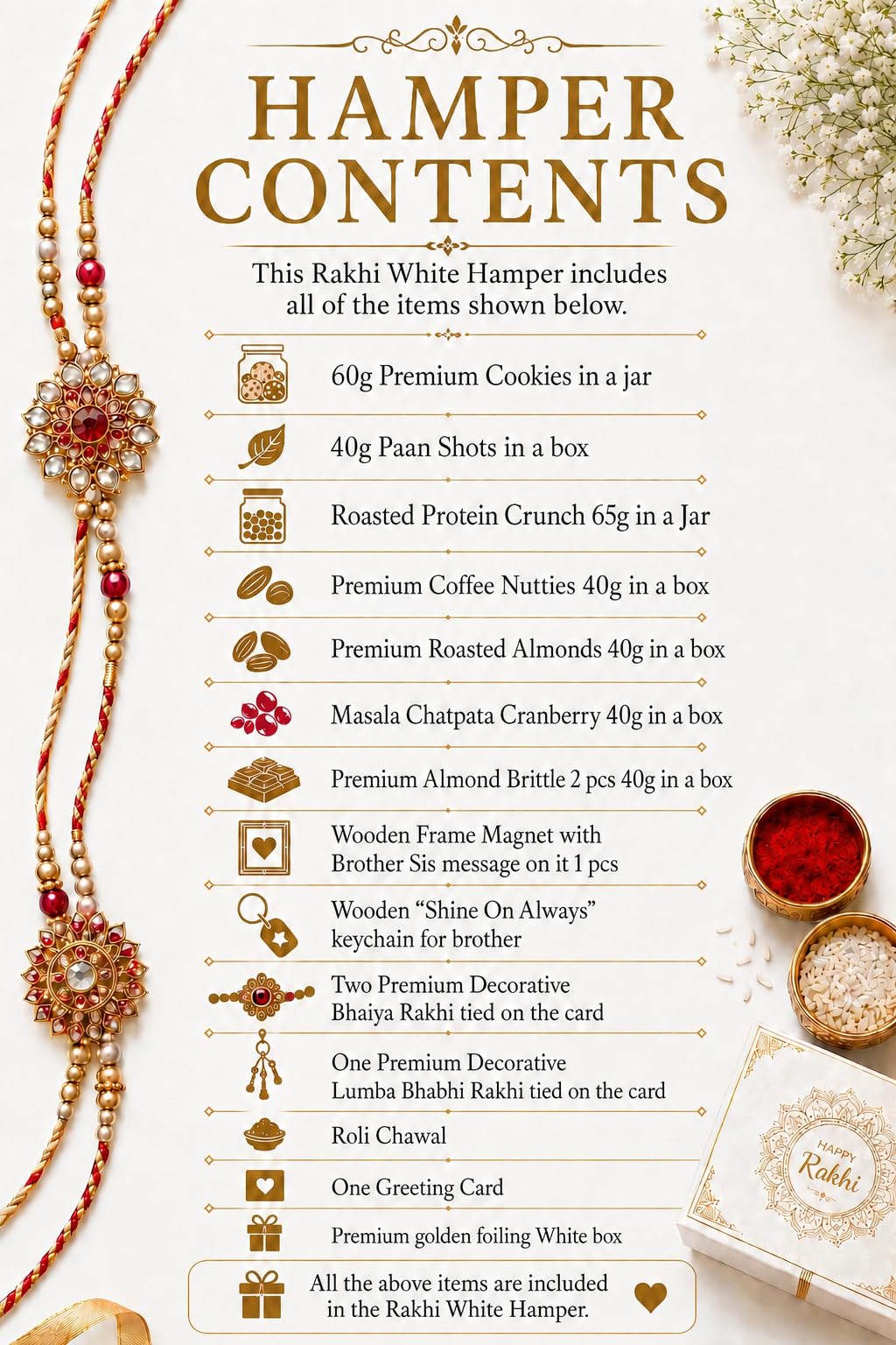 NutriSnacksBox Royal Rakhi White Hamper | Dry Fruits, Gourmet Snacks & Festive Gift Set | 2 Decorative Bhaiya Rakhis, Wooden 