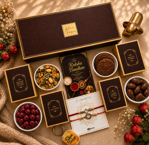 NutriSnacsBox Luxury Rakhi Brown Hamper for Brother | Cookies, Paan Shots, Protein Crunch & Choco Almond Nutties | 2 Decorati