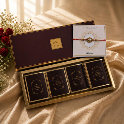 NutriSnacsBox Luxury Rakhi Brown Hamper for Brother | Cookies, Paan Shots, Protein Crunch & Choco Almond Nutties | 2 Decorati