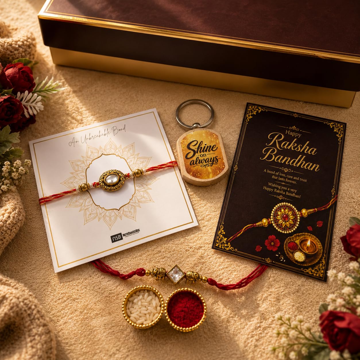 NutriSnacsBox Luxury Rakhi Brown Hamper for Brother | Cookies, Paan Shots, Protein Crunch & Choco Almond Nutties | 2 Decorati