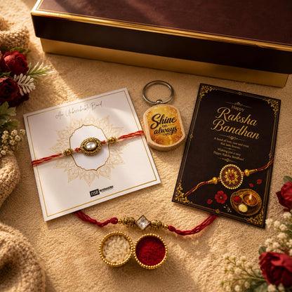 NutriSnacsBox Luxury Rakhi Brown Hamper for Brother | Cookies, Paan Shots, Protein Crunch & Choco Almond Nutties | 2 Decorati