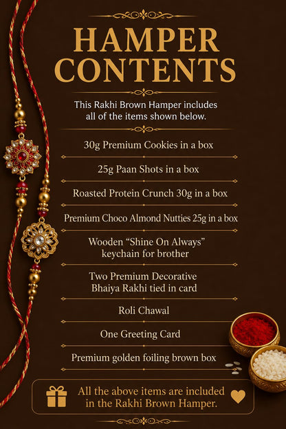 NutriSnacsBox Luxury Rakhi Brown Hamper for Brother | Cookies, Paan Shots, Protein Crunch & Choco Almond Nutties | 2 Decorati