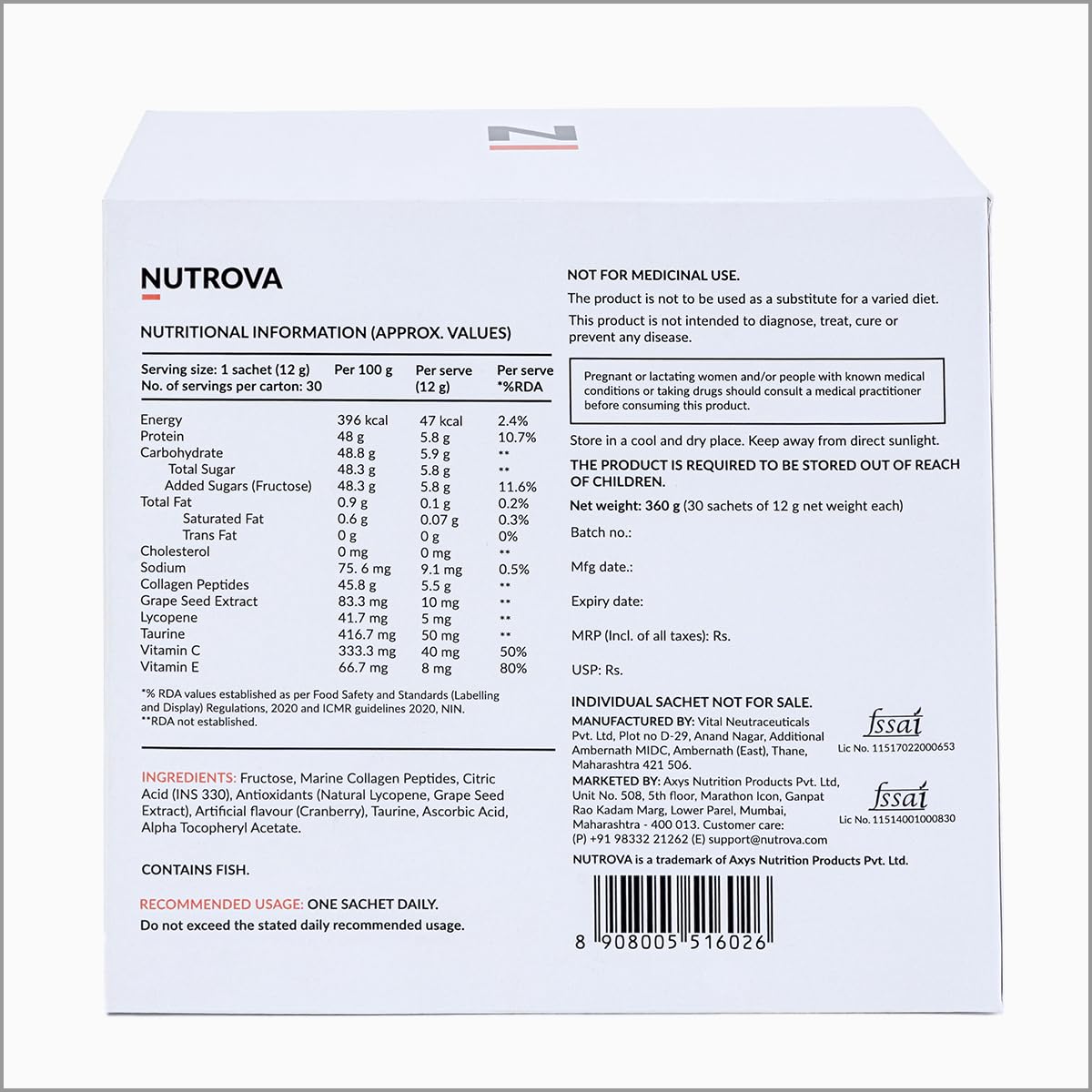 NUTROVA Collagen+ Antioxidants Marine Collagen Powder Supplement with Vitamin C, E, Taurine for Adults - front view (11)