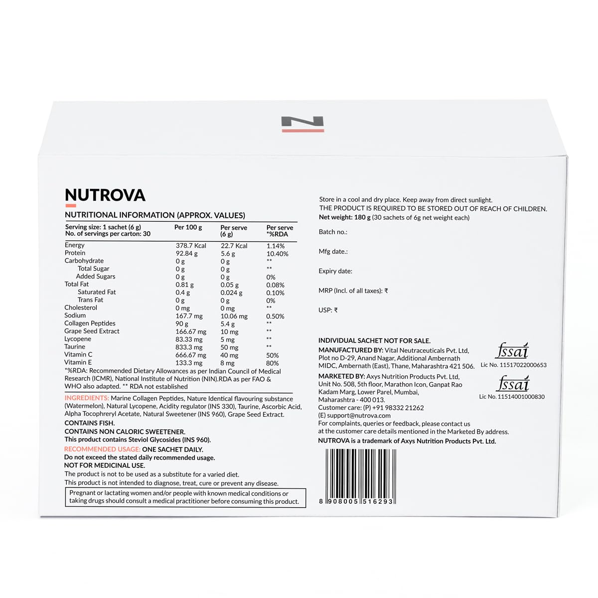 NUTROVA Collagen+ Antioxidants Marine Collagen Powder Supplement with Vitamin C, E, Taurine for Adults - front view (13)