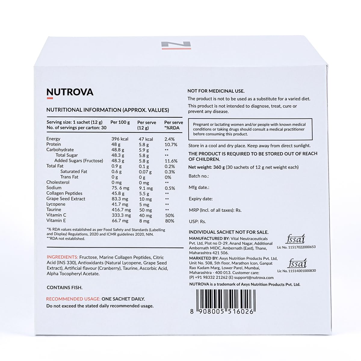 NUTROVA Collagen+ Antioxidants Marine Collagen Powder Supplement with Vitamin C, E, Taurine for Adults - front view