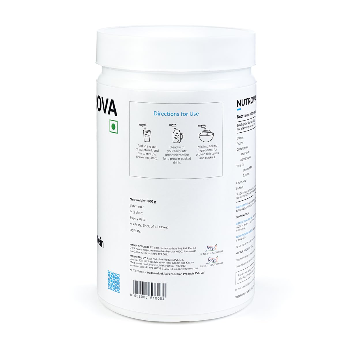 NUTROVA Whey Protein Isolate Powder, Dark Chocolate, 1Kg, 24g Protein per Scoop, No Artificial Sweeteners - front view (10)