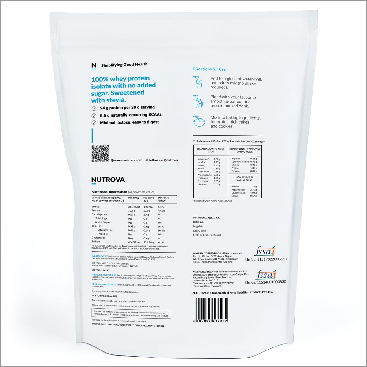NUTROVA Whey Protein Isolate Powder, Dark Chocolate, 1Kg, 24g Protein per Scoop, No Artificial Sweeteners - front view (12)