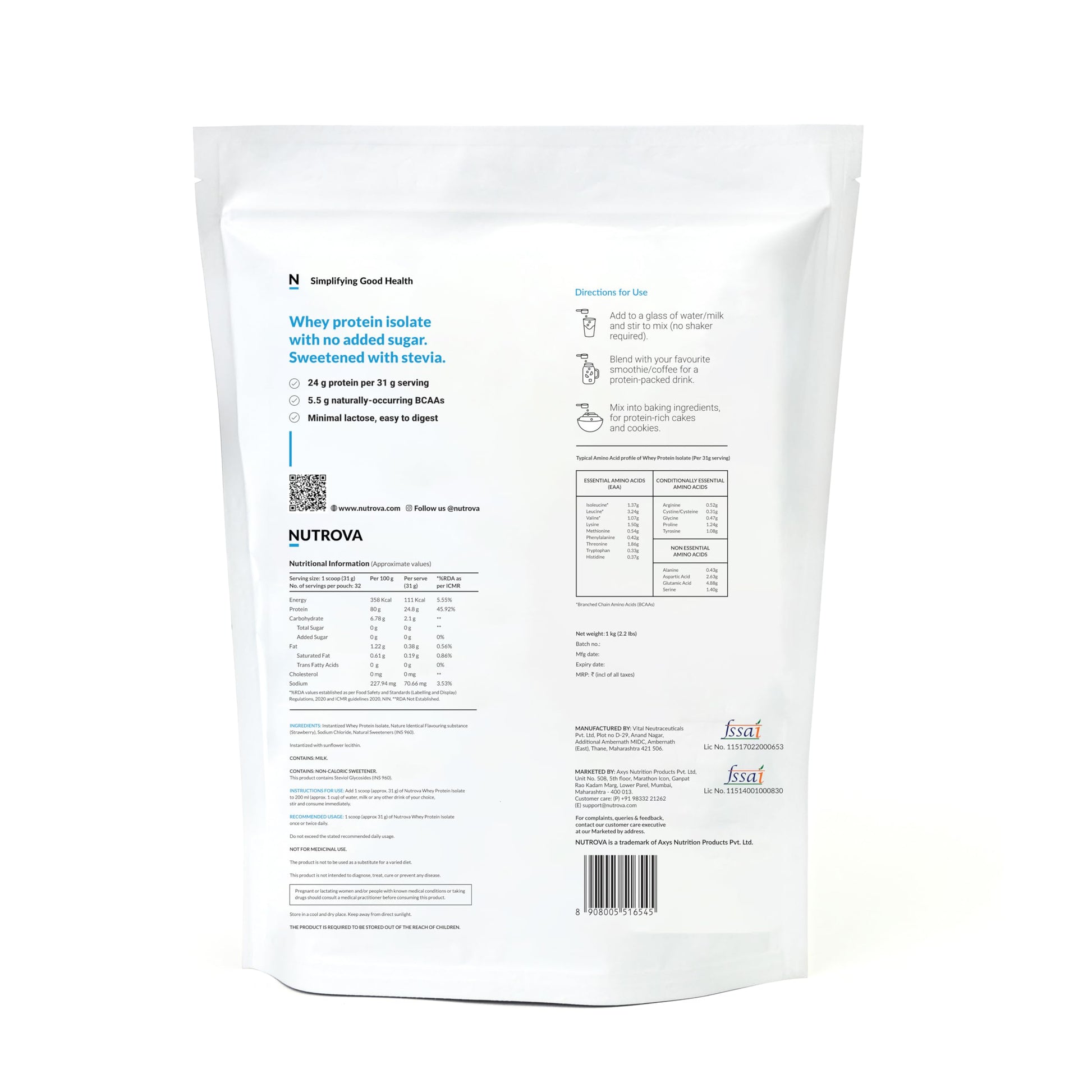 NUTROVA Whey Protein Isolate Powder, Dark Chocolate, 1Kg, 24g Protein per Scoop, No Artificial Sweeteners - front view (21)