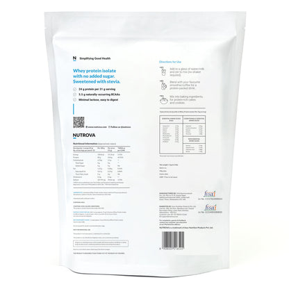 NUTROVA Whey Protein Isolate Powder, Dark Chocolate, 1Kg, 24g Protein per Scoop, No Artificial Sweeteners - front view (29)