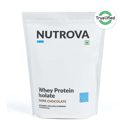 NUTROVA Whey Protein Isolate Powder, Dark Chocolate, 1Kg, 24g Protein per Scoop, No Artificial Sweeteners - label detail