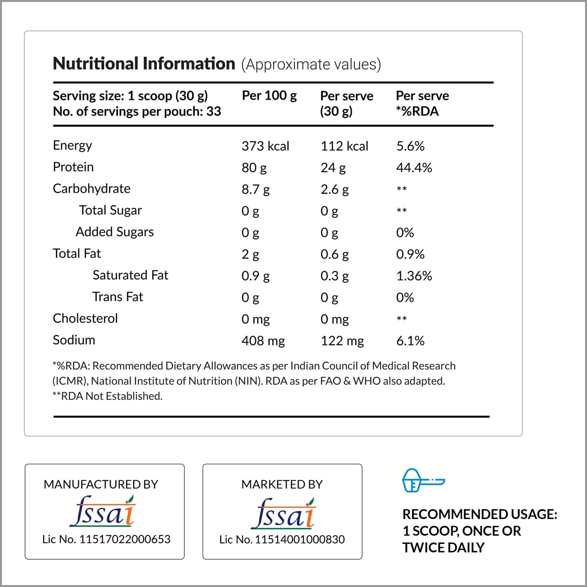NUTROVA Whey Protein Isolate Powder, Dark Chocolate, 1Kg, 24g Protein per Scoop, No Artificial Sweeteners - ingredients panel