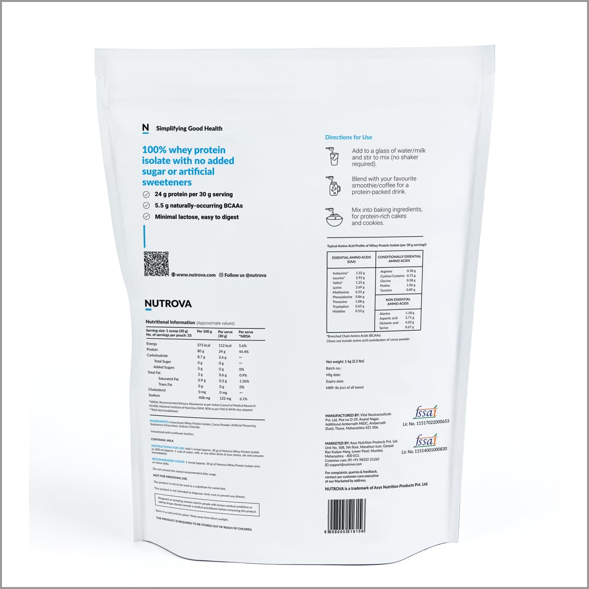 NUTROVA Whey Protein Isolate Powder, Dark Chocolate, 1Kg, 24g Protein per Scoop, No Artificial Sweeteners - close-up detail