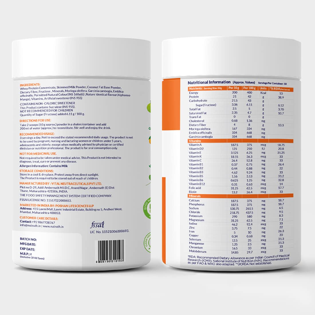 NUTRUTH High Protein Meal Replacement Shake, 21g Protein, Gluten Free, 500g Powder - front view (16)