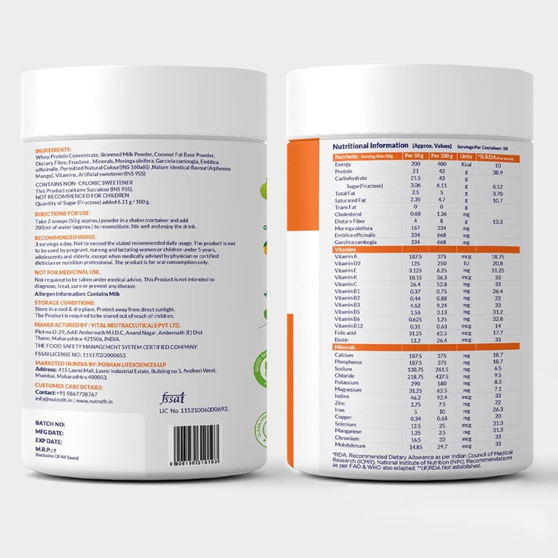 NUTRUTH High Protein Meal Replacement Shake, 21g Protein, Gluten Free, 500g Powder - front view (23)