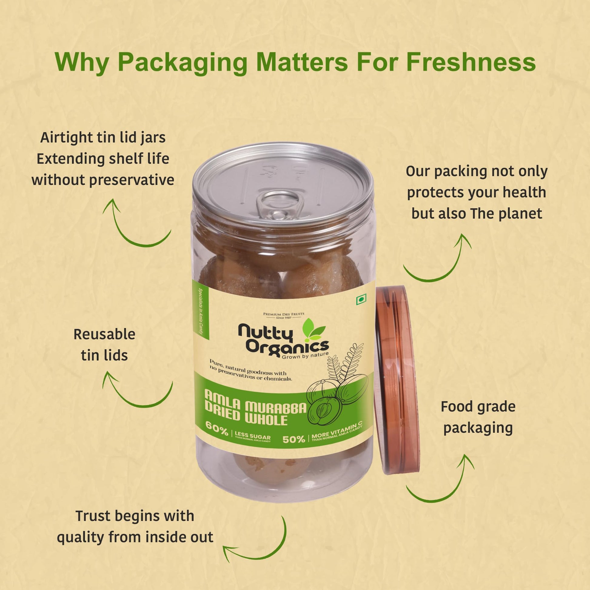 NUTTY ORGANICS Dried Amla Murabba, 500g, Indian Gooseberry Preserve, Natural Sweet Snack - ingredients panel