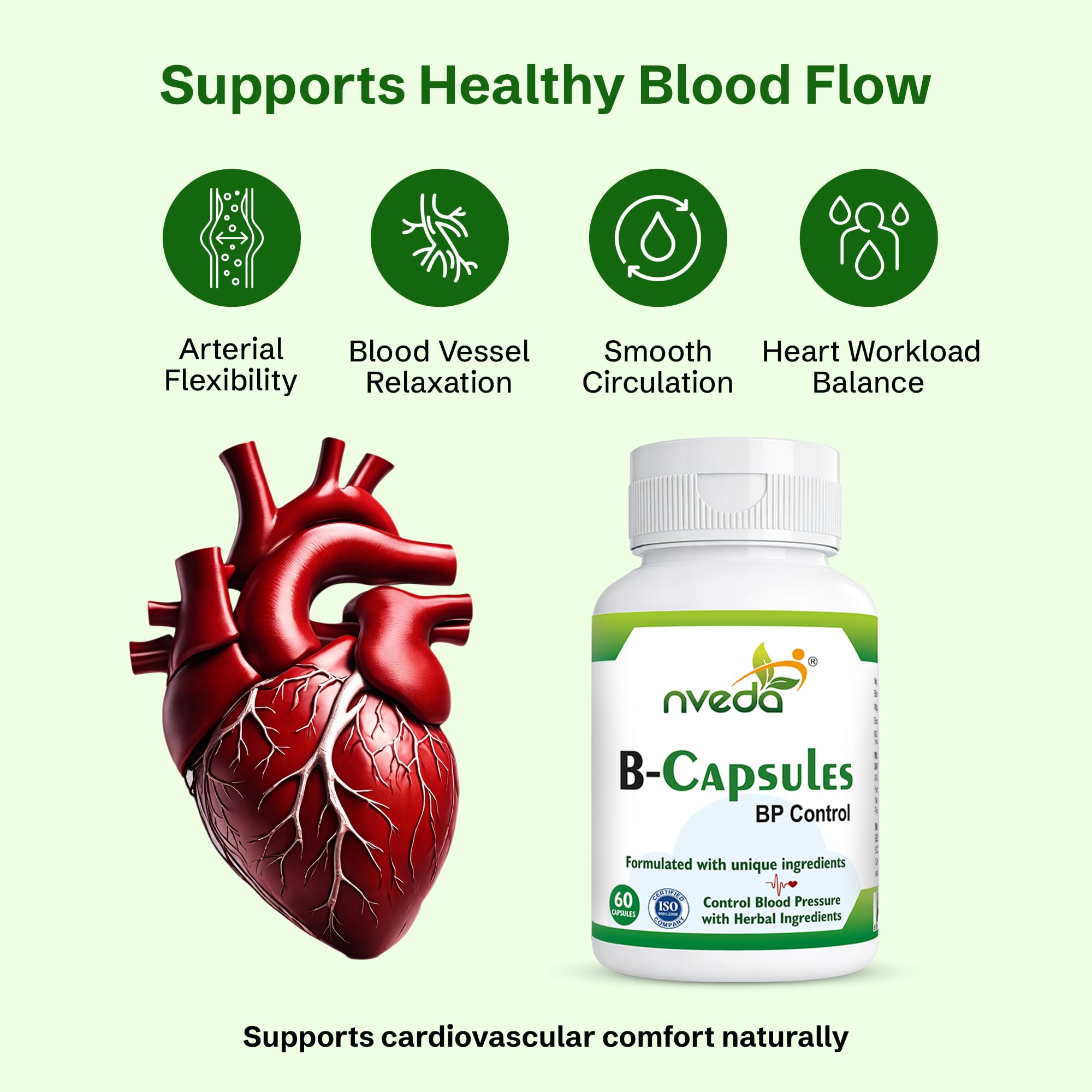 nveda BP Support Ayurvedic Herbal Capsules, 60 Count, Adult Supplement - close-up detail
