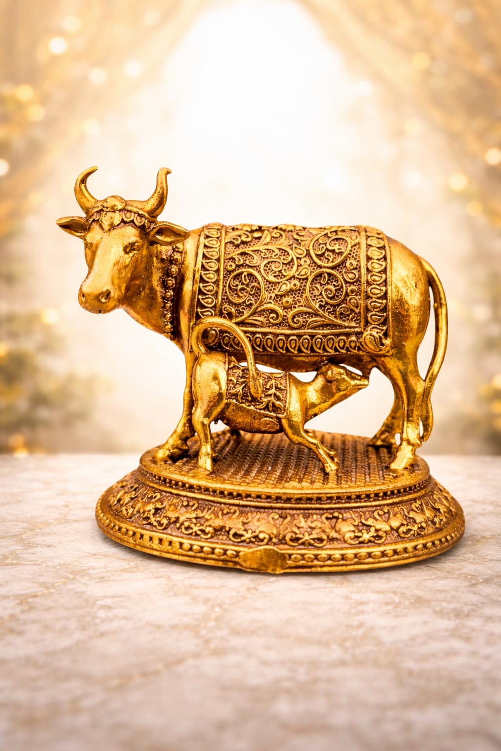 NYSHIRA Brass Finish Kamdhenu Cow with Calf Figurine for Home Temple Decor - Small Idol