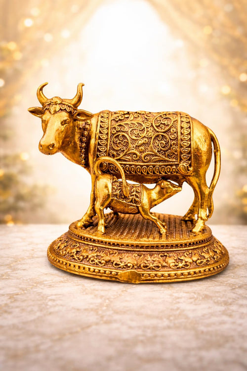 NYSHIRA Brass Finish Kamdhenu Cow with Calf Figurine for Home Temple Decor - Small Idol