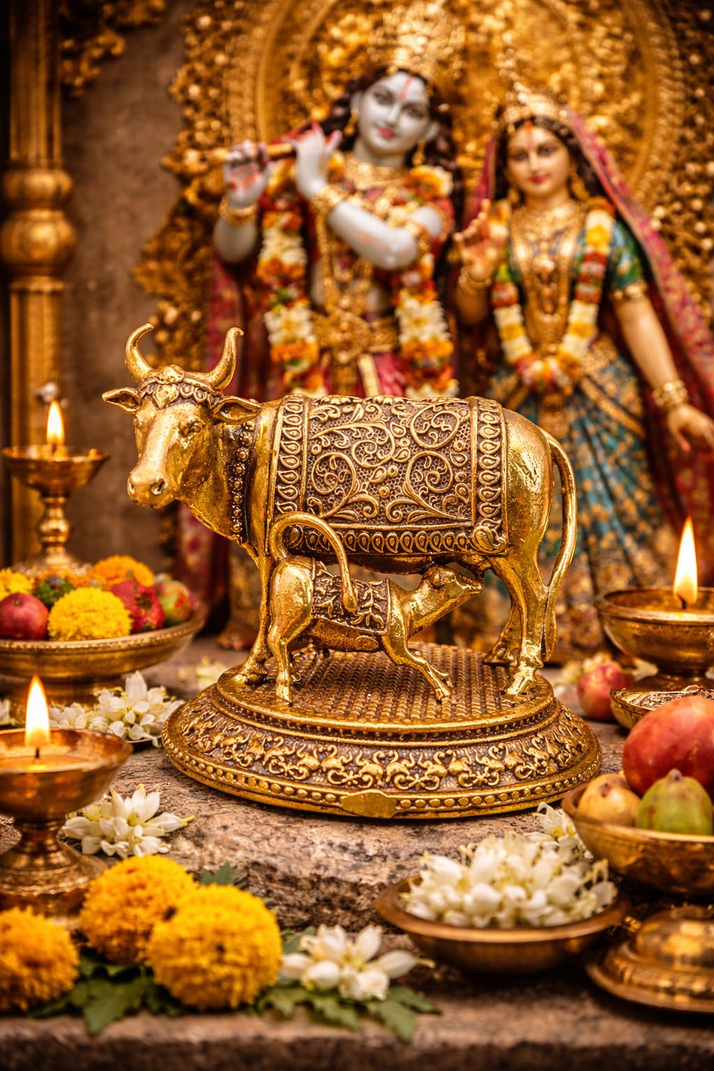 NYSHIRA Brass Finish Kamdhenu Cow with Calf Figurine for Home Temple Decor - Small Idol - front view
