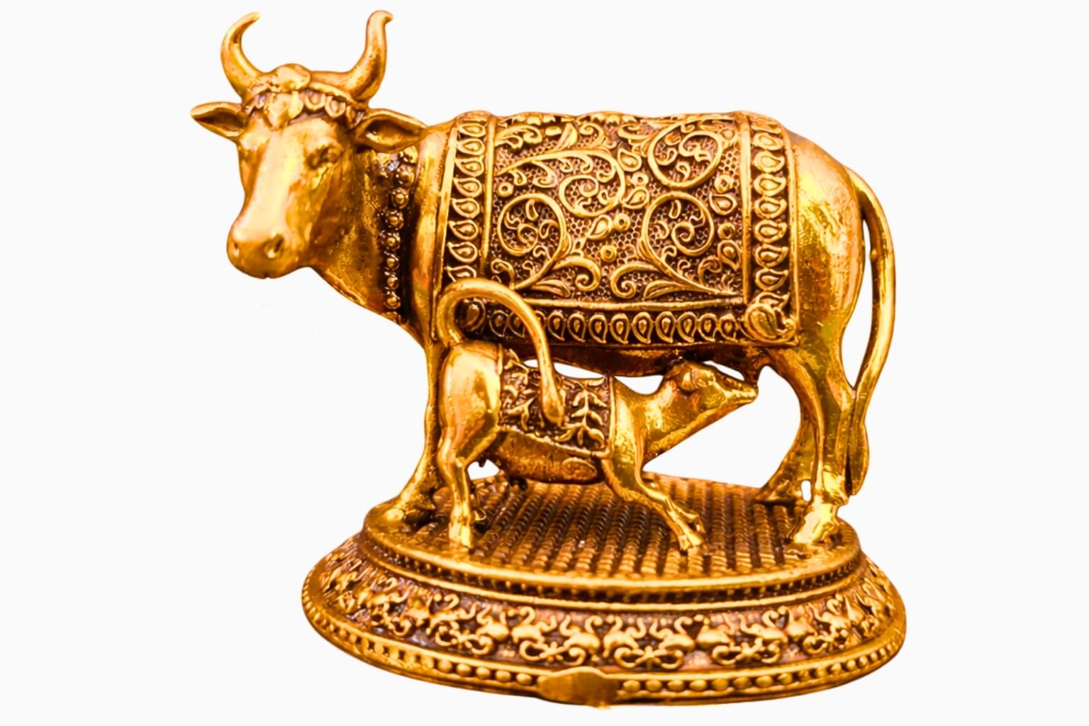 NYSHIRA Brass Finish Kamdhenu Cow with Calf Figurine for Home Temple Decor - Small Idol - packaging