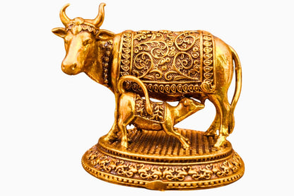 NYSHIRA Brass Finish Kamdhenu Cow with Calf Figurine for Home Temple Decor - Small Idol - packaging