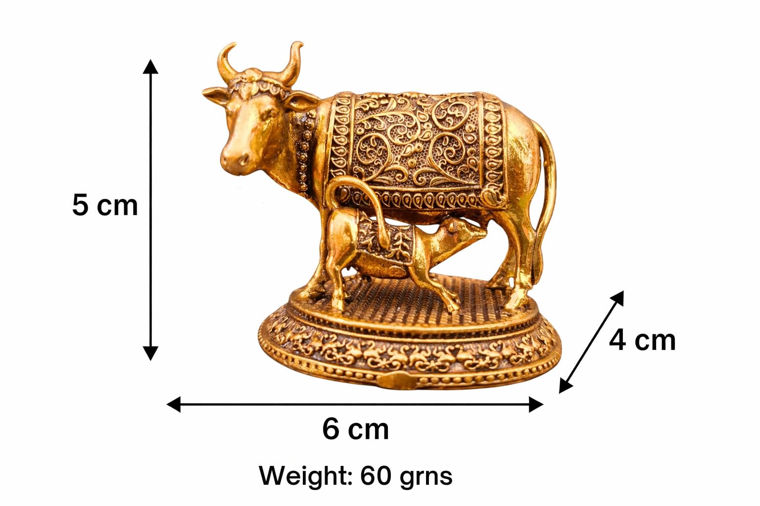 NYSHIRA Brass Finish Kamdhenu Cow with Calf Figurine for Home Temple Decor - Small Idol - label detail