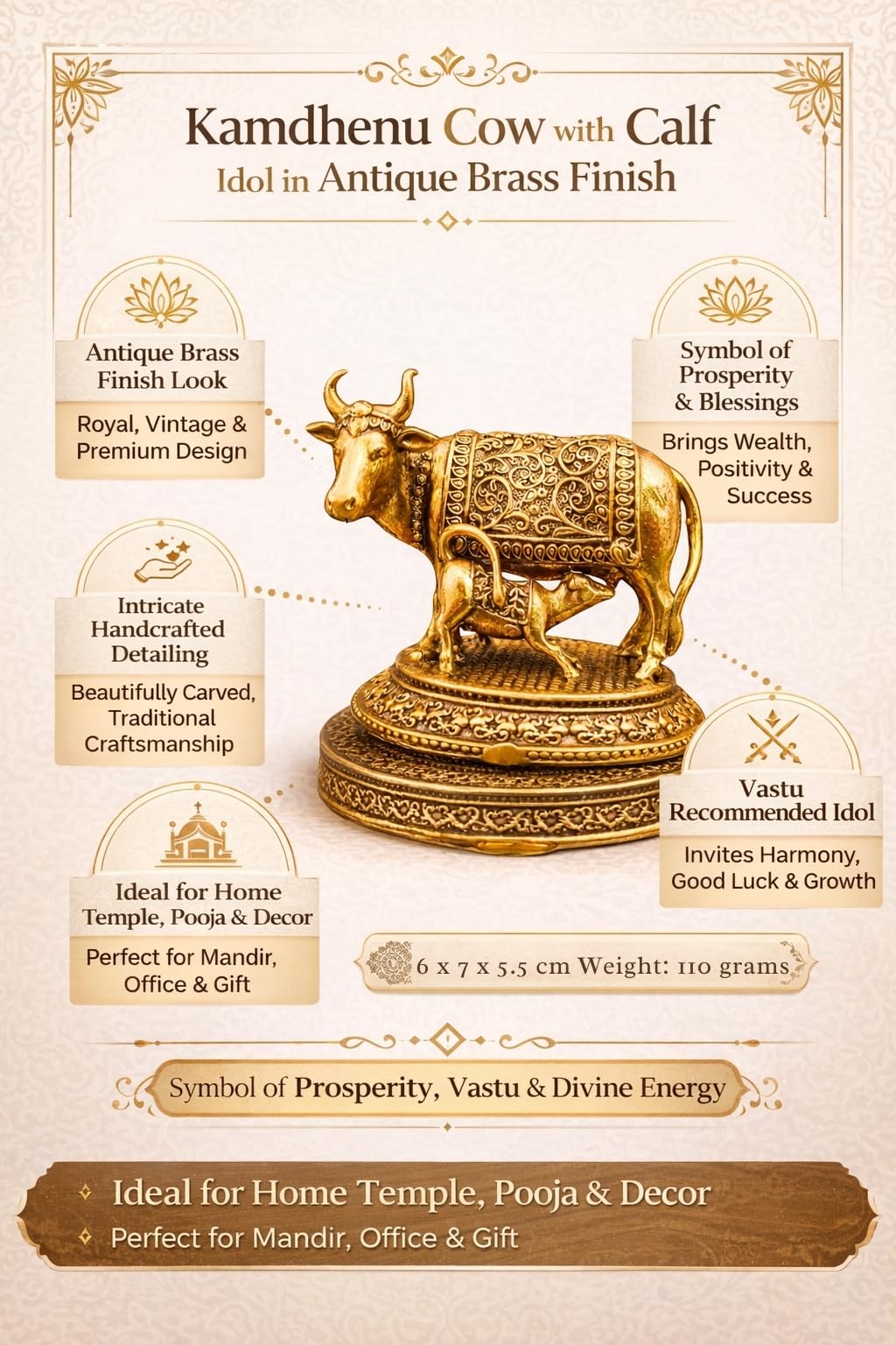 NYSHIRA Brass Finish Kamdhenu Cow with Calf Figurine for Home Temple Decor - Small Idol - back view (6)