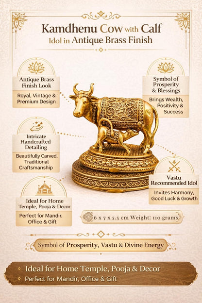 NYSHIRA Brass Finish Kamdhenu Cow with Calf Figurine for Home Temple Decor - Small Idol - back view (6)