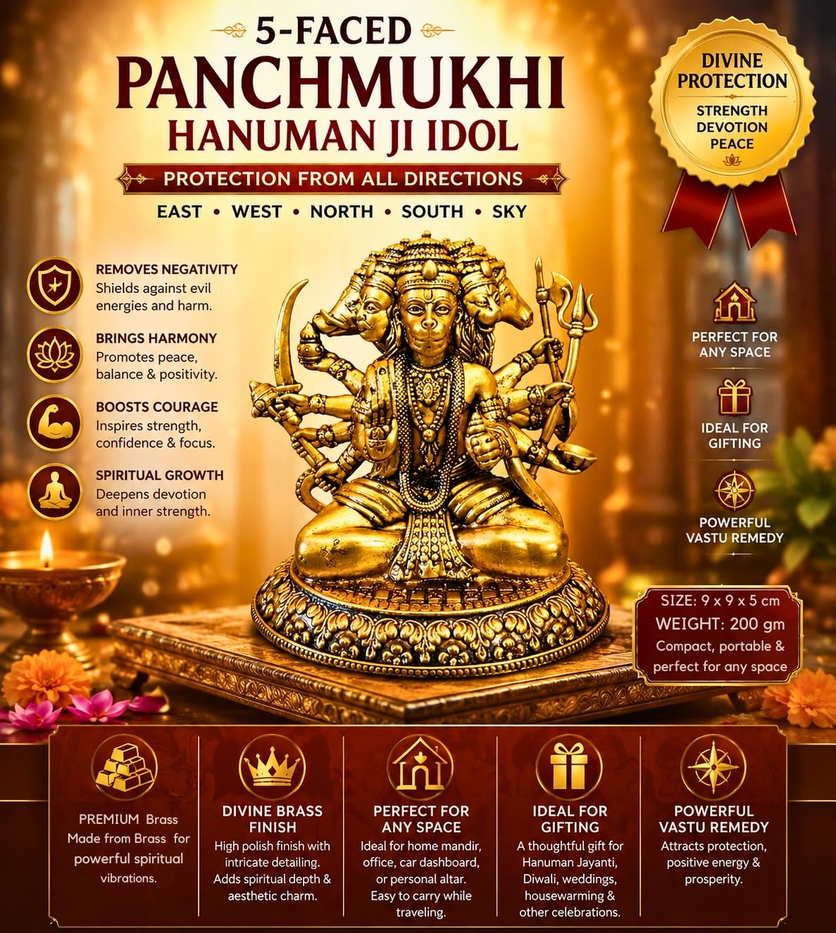 NYSHIRA Panchmukhi Hanuman Brass Idol, Hindu Figurine for Home Temple, Multiple Sizes - label detail (12)