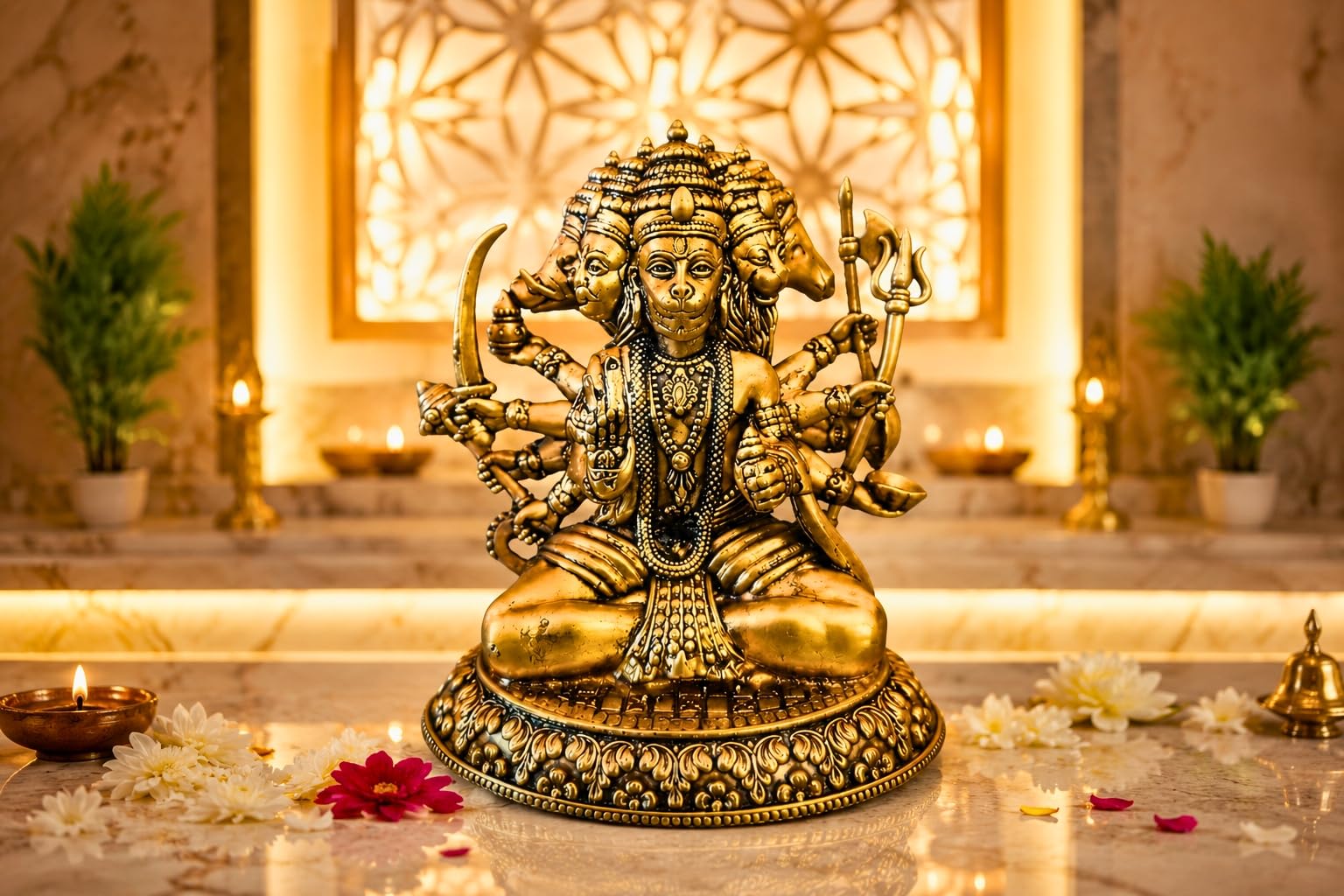 NYSHIRA Panchmukhi Hanuman Brass Idol, Hindu Figurine for Home Temple, Multiple Sizes - front view