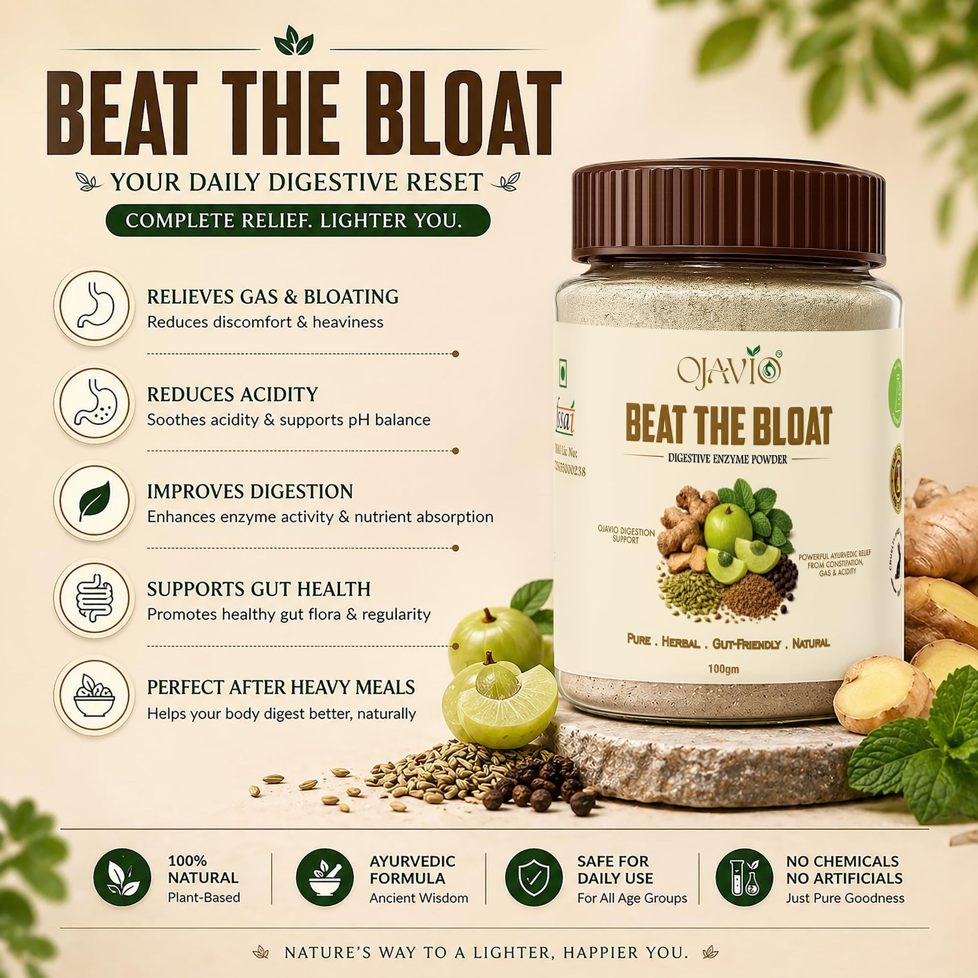Ojavio Beat The Bloat Digestive Enzyme Powder, 100g, Ayurvedic Herbal Supplement - front view