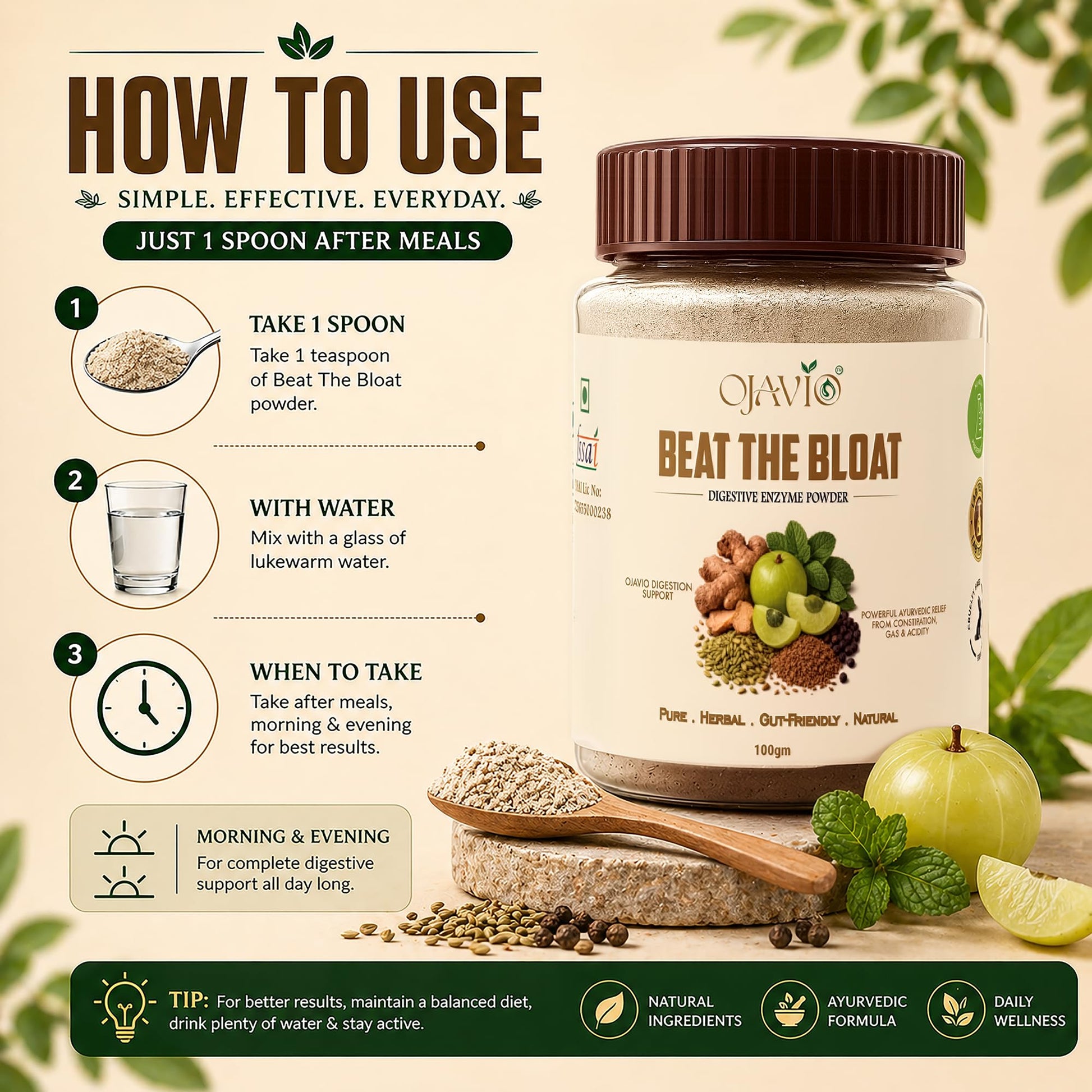 Ojavio Beat The Bloat Digestive Enzyme Powder, 100g, Ayurvedic Herbal Supplement - back view