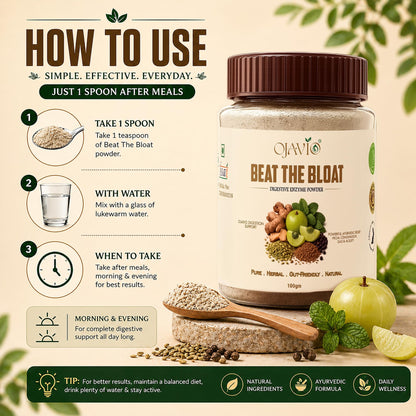 Ojavio Beat The Bloat Digestive Enzyme Powder, 100g, Ayurvedic Herbal Supplement - back view