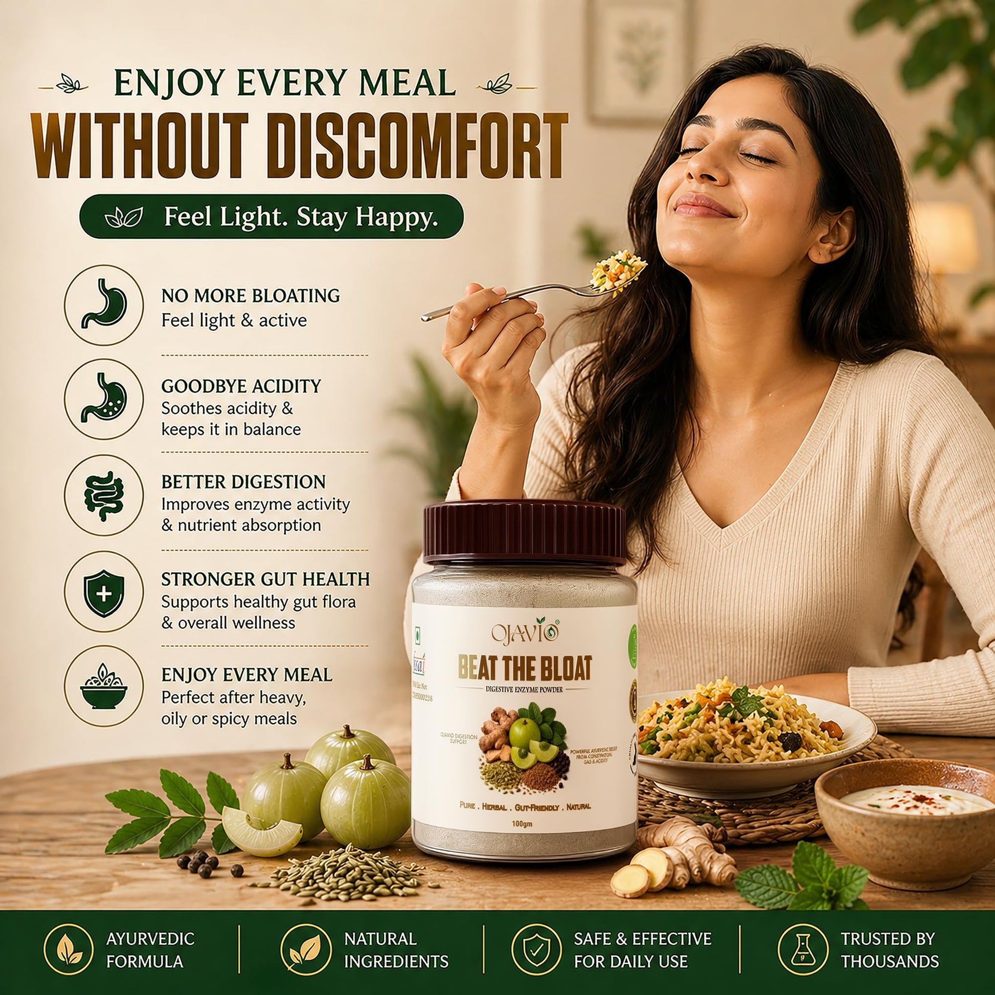 Ojavio Beat The Bloat Digestive Enzyme Powder, 100g, Ayurvedic Herbal Supplement - label detail