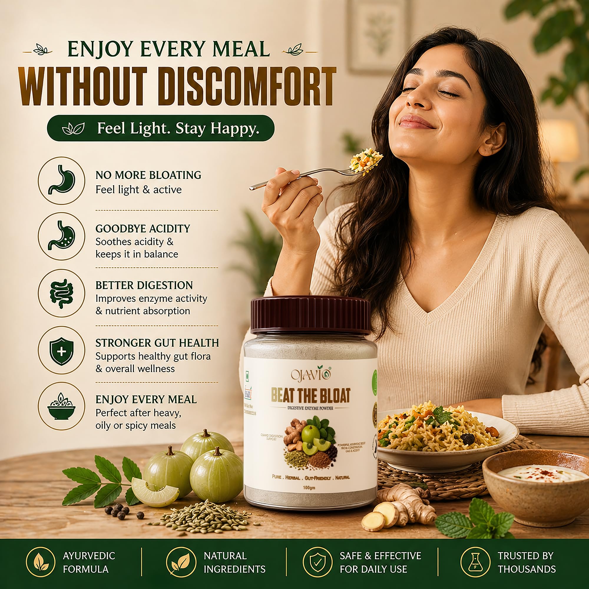 Ojavio Beat The Bloat Digestive Enzyme Powder, 100g, Ayurvedic Herbal Supplement - label detail