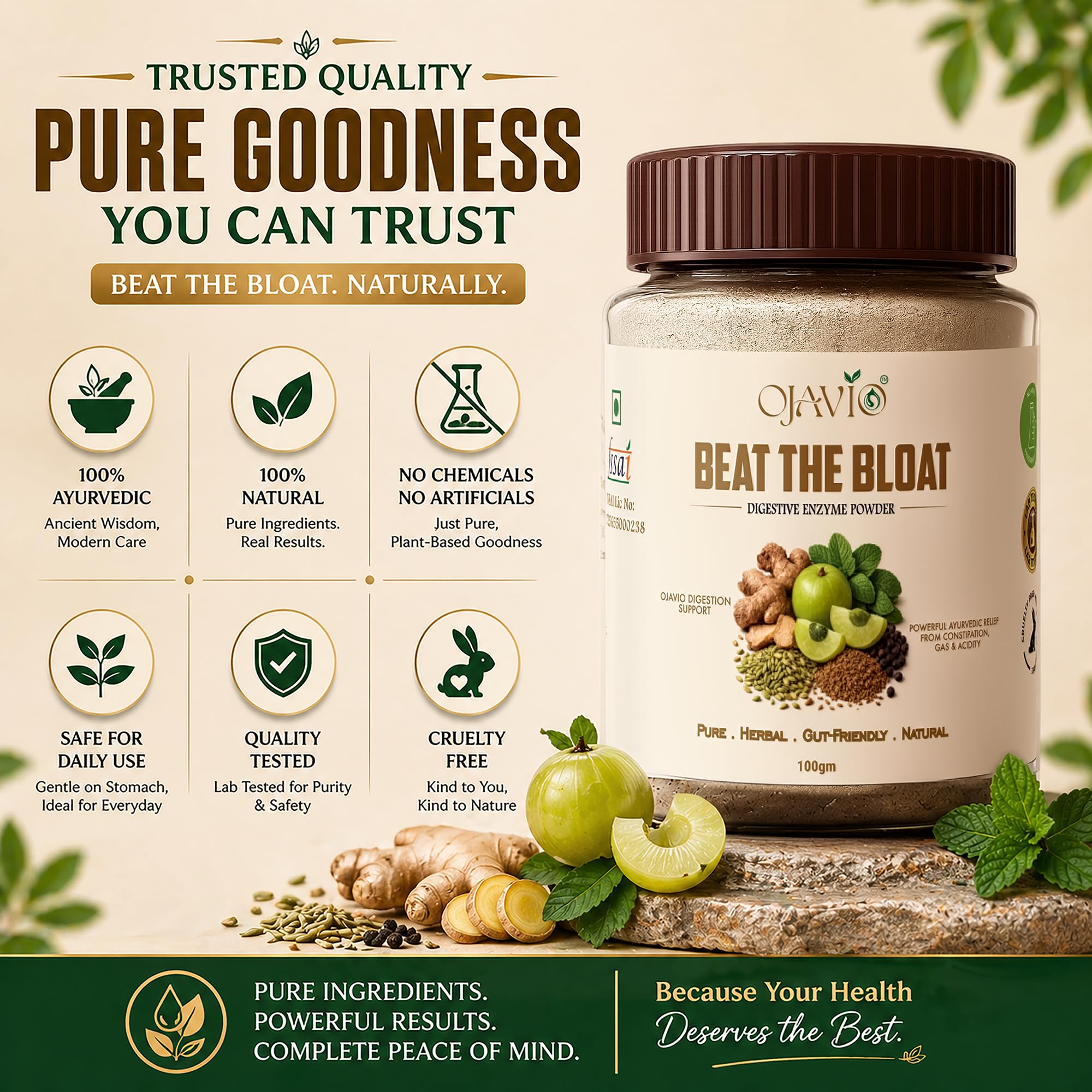 Ojavio Beat The Bloat Digestive Enzyme Powder, 100g, Ayurvedic Herbal Supplement - ingredients panel