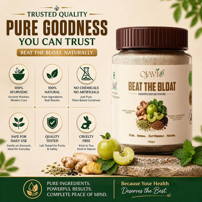 Ojavio Beat The Bloat Digestive Enzyme Powder, 100g, Ayurvedic Herbal Supplement - ingredients panel