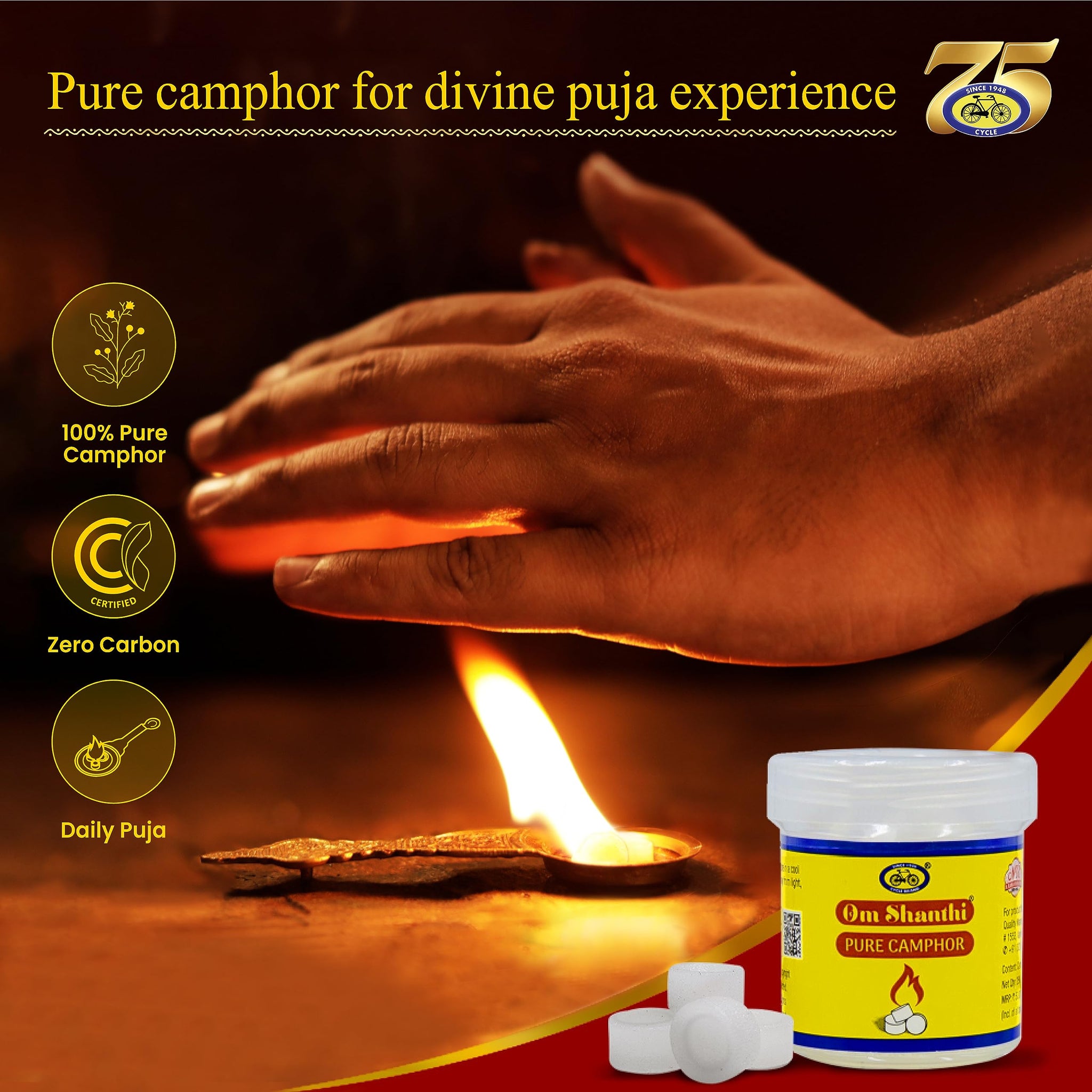 Om Shanthi POOJA MADE PURE Camphor Tablets for Pooja, 110 Round Tablets, Zero Carbon, Traditional Pooja Supply - front view