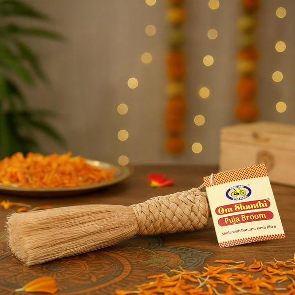 Om Shanthi POOJA MADE PURE Puja Broom, 8.5 inches, Eco-Friendly Biodegradable Broom for Dusting and Home Cleaning