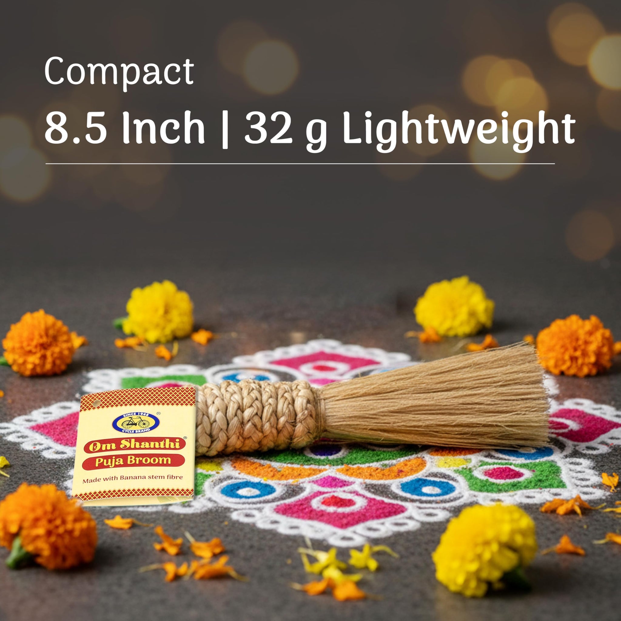 Om Shanthi POOJA MADE PURE Puja Broom, 8.5 inches, Eco-Friendly Biodegradable Broom for Dusting and Home Cleaning - front vie